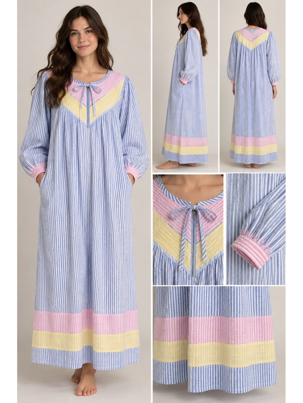 Vintage Saybury Seersucker House Dress Nightgown Pastel Striped M Pockets